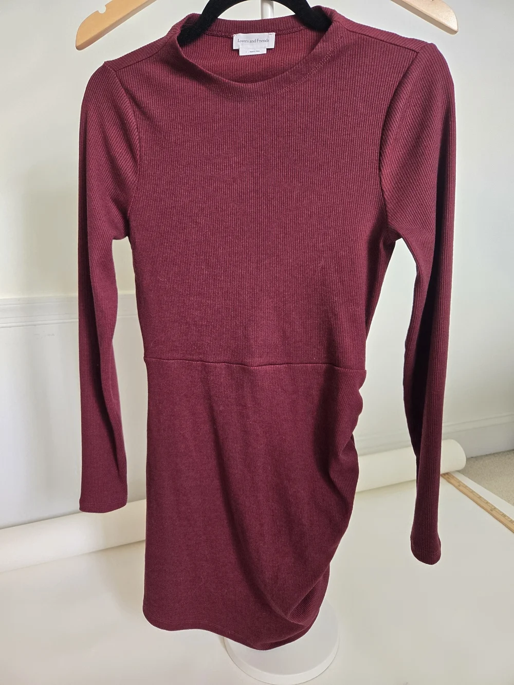 NWOT Lovers + Friends Burgundy Long-Sleeve Ruched Mini Dress Womens Size SMALL